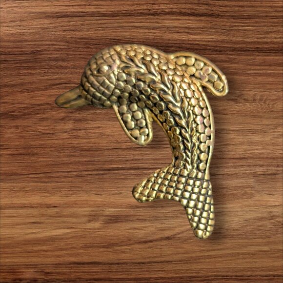 Vintage Brass Dolphin Brooch Pin Textured Finish 2"  Nautical Charm Accessory - Picture 1 of 5